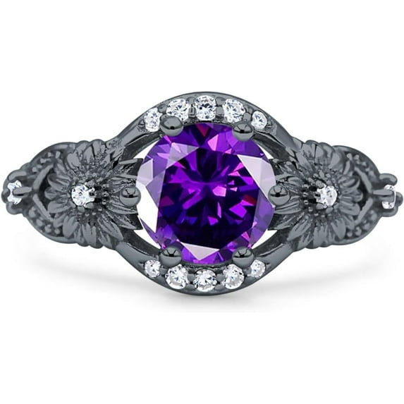 Art Deco Ring Sunflower Design Round Amethyst Cubic Zirconia Black Tone 925 Sterling Silver, Size 6