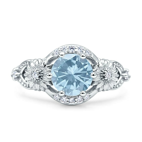 Art Deco Ring Sunflower Design Round Aquamarine Cubic Zirconia White Tone 925 Sterling Silver, Size 5