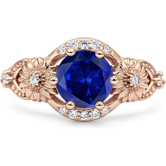 Art Deco Ring Sunflower Design Round Blue Sapphire Cubic Zirconia Rose Tone 925 Sterling Silver, Size 9