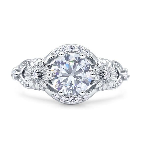 Art Deco Ring Sunflower Design Round Cubic Zirconia White Tone 925 Sterling Silver, Size 8