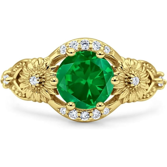 Art Deco Ring Sunflower Design Round Green Emerald Cubic Zirconia Yellow Tone 925 Sterling Silver, Size 9
