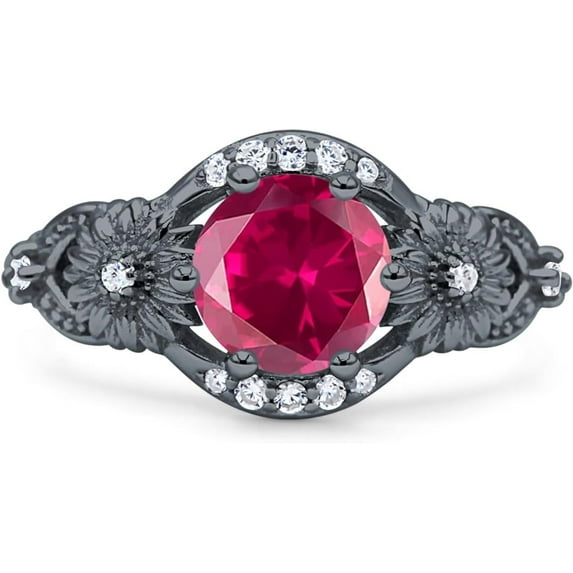 Art Deco Ring Sunflower Design Round Ruby Cubic Zirconia Black Tone 925 Sterling Silver, Size 10