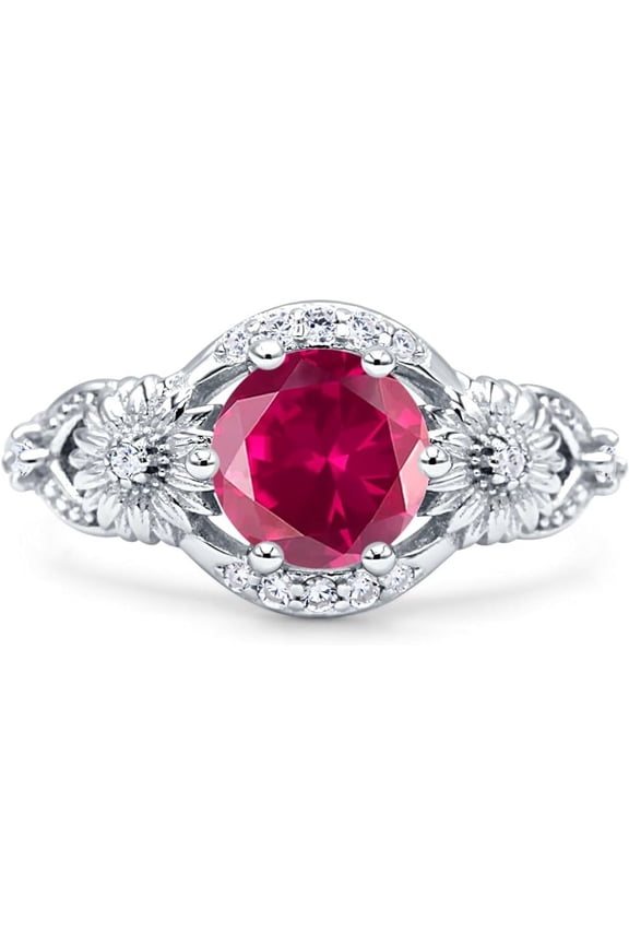 Art Deco Ring Sunflower Design Round Ruby Cubic Zirconia White Tone 925 Sterling Silver, Size 10