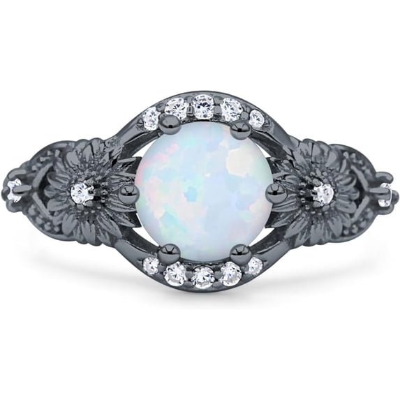 Art Deco Ring Sunflower Design Round White Opal Black Tone 925 Sterling Silver, Size 6