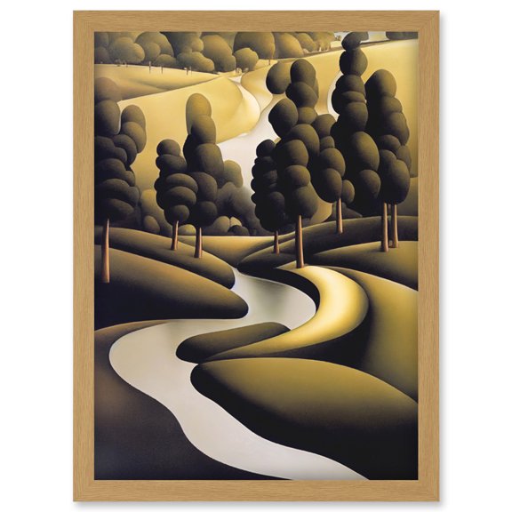 Art Deco River Landscape With Stylised Cypress Trees Artwork Framed Wall Art Print A4