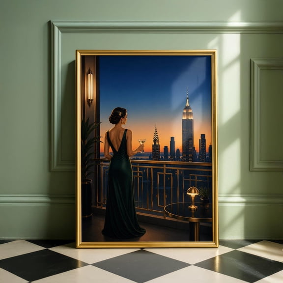Art Deco Rooftop Elegant Woman Martini City Skyline Evening Decor, Unframed Poster