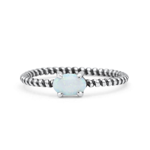 Art Deco Rope Oval Lab Created White Opal Solid Ring Band 925 Sterling Silver Size 10