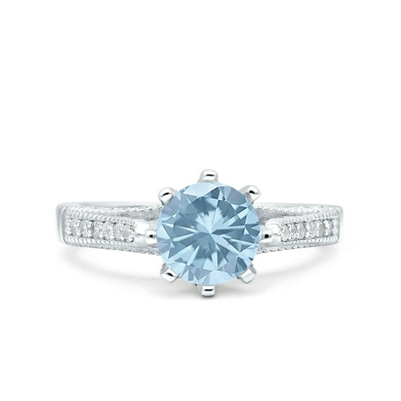 Art Deco Round Bridal Ring Aquamarine CZ 925 Sterling Silver Size 7