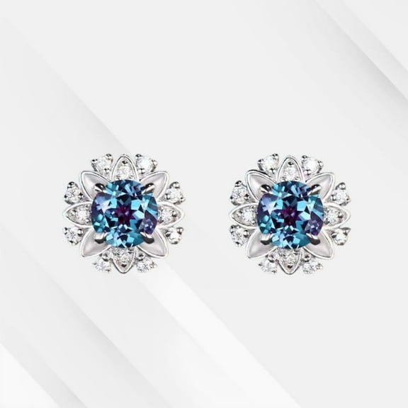 Art Deco Round Cut Alexandrite Stud Earrings in 925 Sterling Silver – White Diamond Halo Earrings – Color Change June Birthstone Earrings for Women