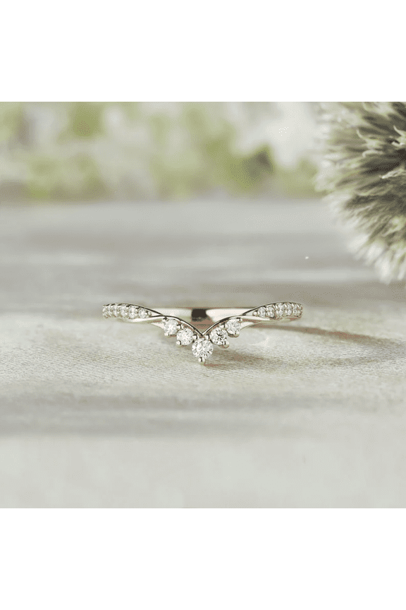 Art Deco Round Cut White Diamond Curved Wedding Band in 14k Rose Gold Vermeil - Matching Stacking Ring