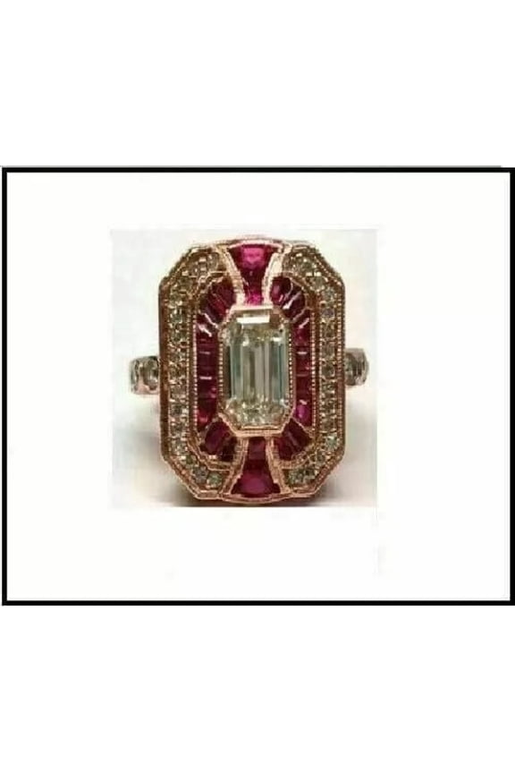 Art Deco Ruby & Emerald Cut Lab Created Diamond Wedding Yellow Gold Filled Ring