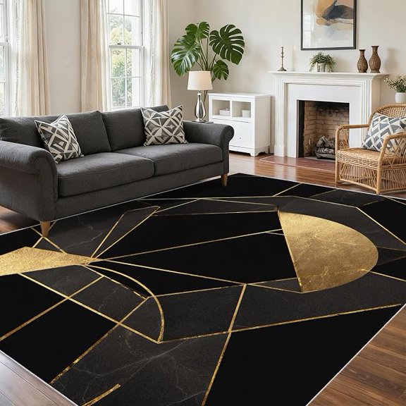 Art Deco Rug, Washable Black Gold Geometric Pattern Washable Area Rugs for Living Room, Art Deco Home Accessories, Soft Non Slip Thin 4 x 6ft