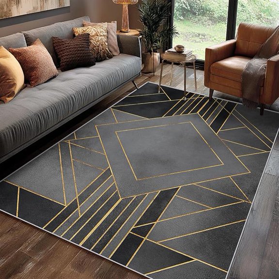 Art Deco Rug, Washable Grey Geometric Abstract Pattern Washable Area Rugs for Living Room, Art Deco Home Accessories, Soft Non Slip Thin 5 x 6ft