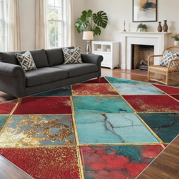 Art Deco Rug, Washable Marble Geometric Abstract Pattern Washable Area Rugs for Living Room, Art Deco Home Accessories, Soft Non Slip Thin 2 x 3ft