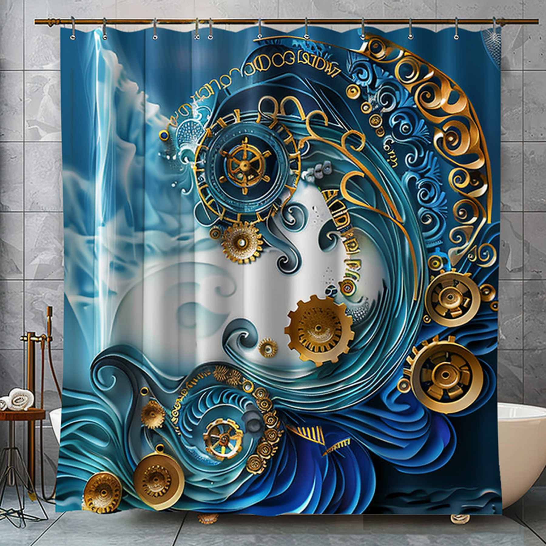 Art Deco Sea Wave Swirl Shower Curtain Elegant Bathroom Decor with