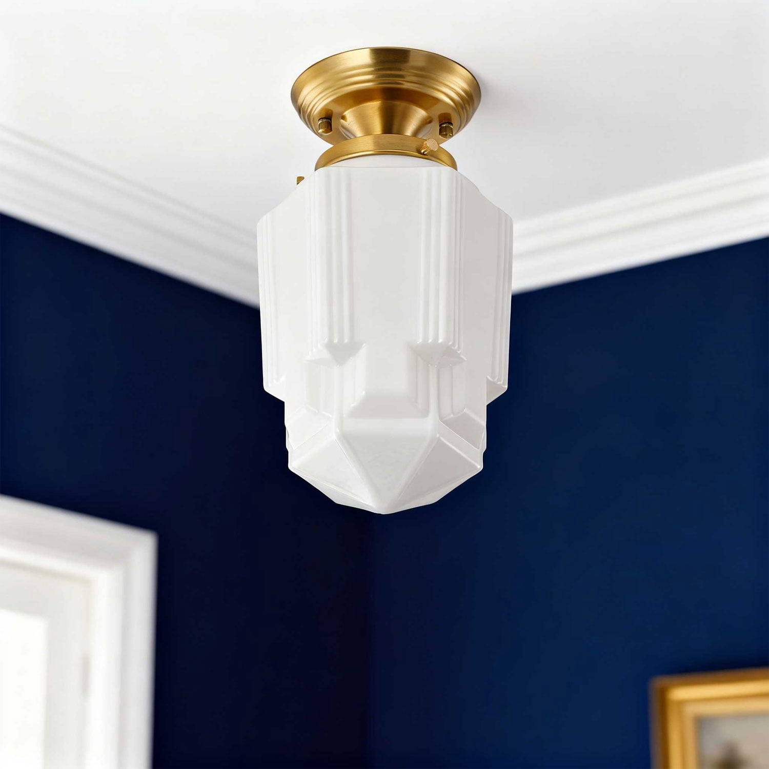 Art Deco Semi Flush Mount Ceiling Light – Close to Ceiling Light with White Ribbed Glass Shade - for Hallway, Dining Room & Entryway