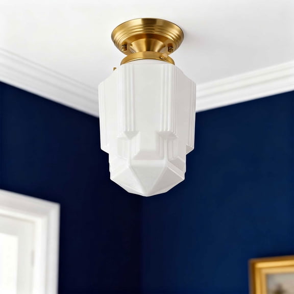 Art Deco Semi Flush Mount Ceiling Light Close to Ceiling Light with White Ribbed Glass Shade - for Hallway, Dining Room & Entryway