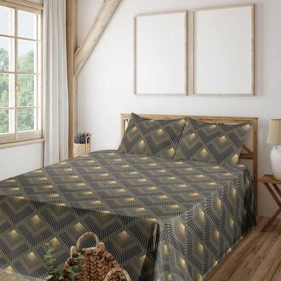 Ambesonne Art Deco Fitted & Flat Sheet with Sham 3 Pcs Set, Geometric Retro Square Art, Twin, Dark Grey and Mustard