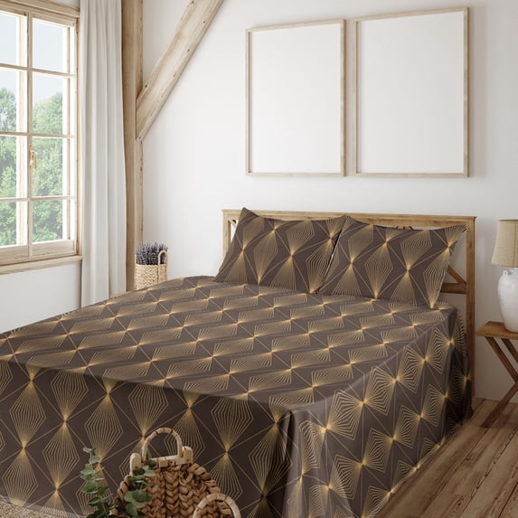 Ambesonne Art Deco Fitted & Flat Sheet with Shams 4 Pcs Set, Minimalist Square Print, King, Apricot and Chocolate