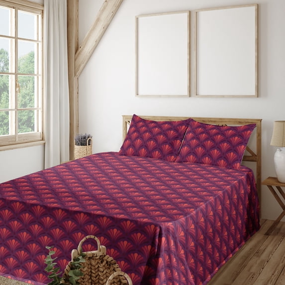 Ambesonne Art Deco Fitted & Flat Sheet with Sham 3 Pcs Set, Nostalgic Shell Motif 80s, Twin XL, Plum Magenta and Coral