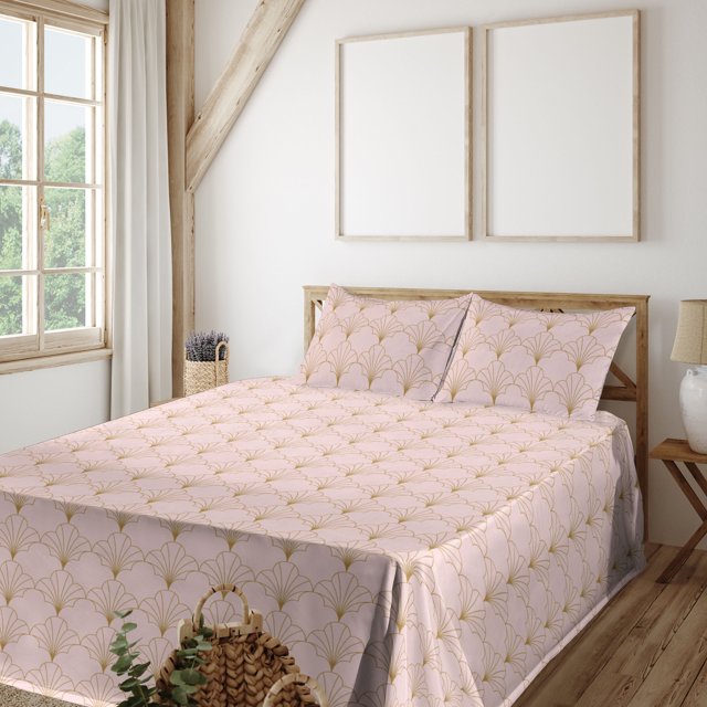 Art Deco Sheet Set, Shell Look Simplistic Pattern with Vintage and Classical Style Motif, Fitted & Flat Sheet with Pillowcase Bedding Accent 4 Pcs Set, Queen, Blush and Sand Brown, by Ambesonne