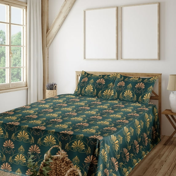 Ambesonne Art Deco Fitted & Flat Sheet with Sham 3 Pcs Set, Shell Curlicue Vintage Art, Twin XL, Salmon Earth Yellow