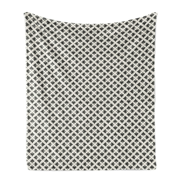 Art Deco Soft Flannel Fleece Blanket, Vintage Inspired Simplistic Floral Monochrome Pattern Cool 70s Nostalgia, Cozy Plush for Indoor and Outdoor Use, 50" x 60", Ivory Charcoal Grey, by Ambesonne