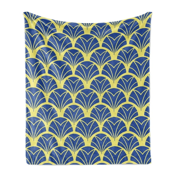 Art Deco Soft Flannel Fleece Throw Blanket, Repetitive Abstract Modern Age Design Ideas Bicolored Leaves Print, Cozy Plush for Indoor and Outdoor Use, 60" x 80", Yellow Blue, by Ambesonne