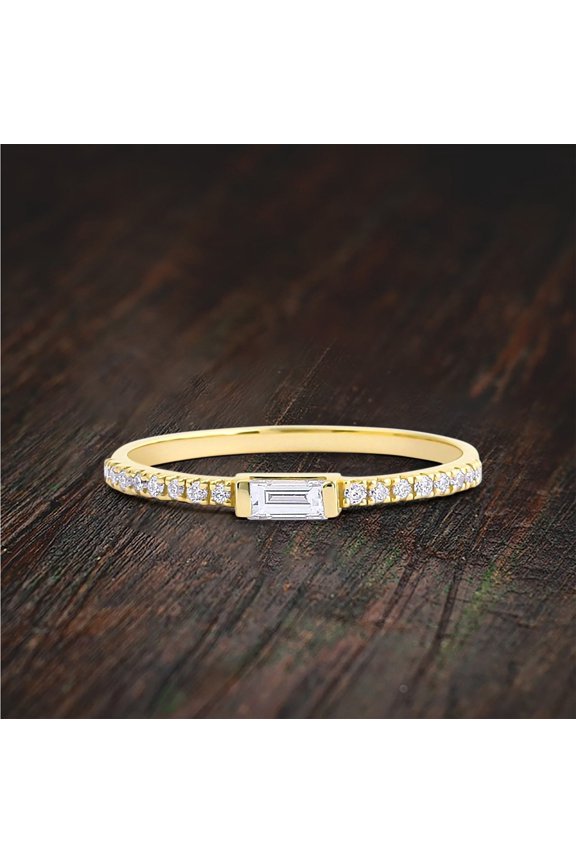 Art Deco Stackable Baguette Ring with Moissanite Diamond on Solid Gold Setting