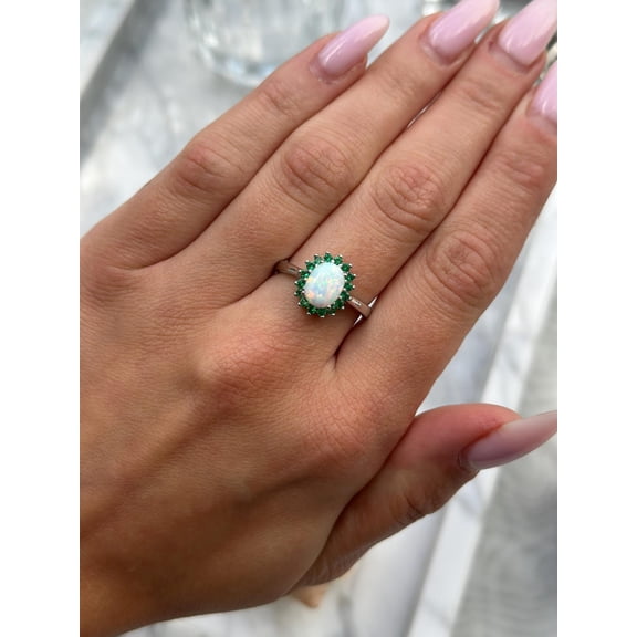 GemEmoprium Oval White Opal, Simulated Emerald Ring 5 ct. 925 Sterling, Sterling Silver Engagement Ring For Her