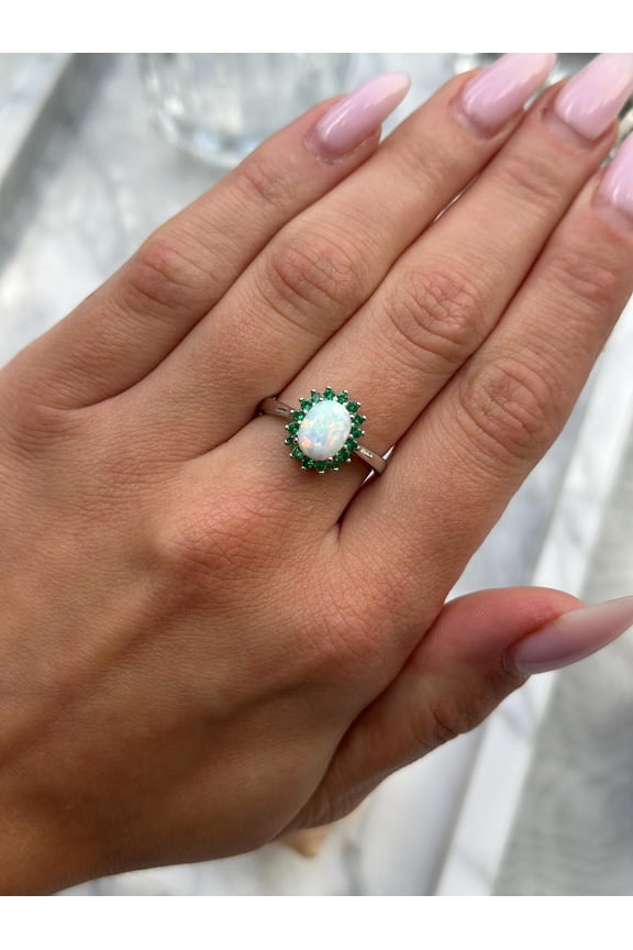 Oval White Opal, Simulated Emerald Ring 5 ct. 925 Sterling, Sterling Silver Engagement Ring For Her
