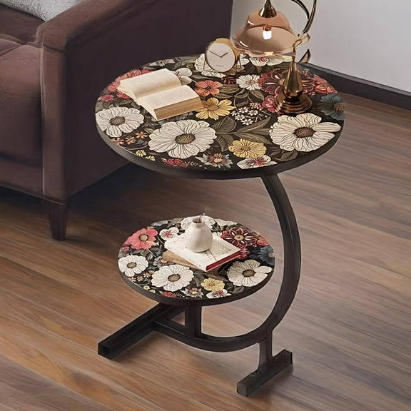 Art Deco Storage Side Table - Floral Design & Two Tiers. Curved Black Metal Frame & Engineered Wood Top.