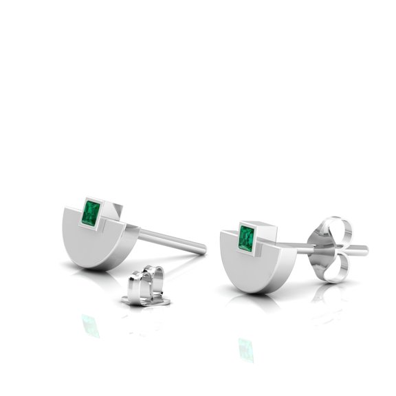Art Deco Studs Princess-Cut Emerald Sterling Silver Earrings || Graduation Day Gift Earring, Gift for Her Earring || Silver Diary