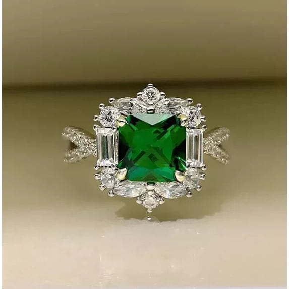 Art Deco Style 2Ct Asscher Cut Lab Created Green Emerald 14K White Gold Plated Engagement Ring
