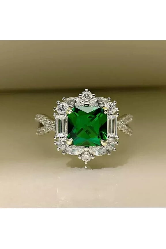 Art Deco Style 2Ct Asscher Cut Lab Created Green Emerald 14K White Gold Plated Engagement Ring