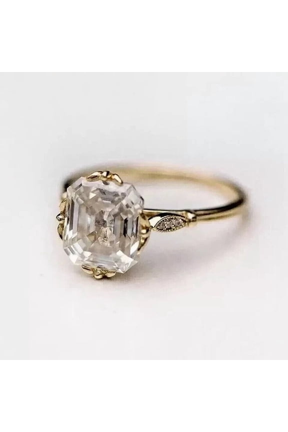 Art Deco Style 3Ct Asscher Cut Lab Created Diamond Engagement Ring 14K Yellow Gold Plated Silver