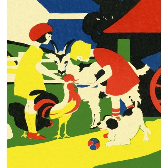 Art Deco Style Children With Farmyard Animals Print By Mary Evans Picture Librarypeter & Dawn Cope Collection