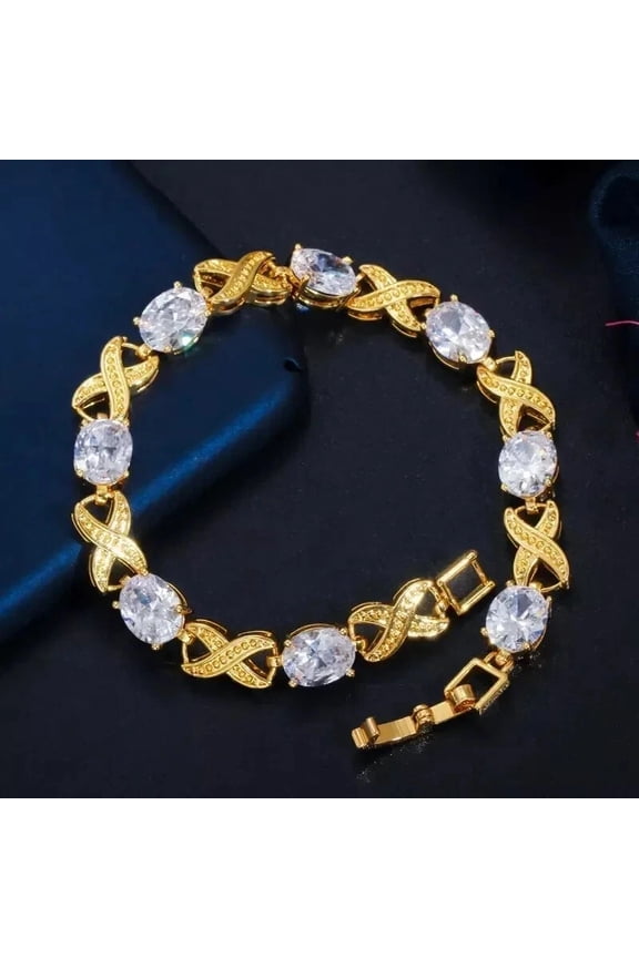 Art Deco Style Lab Created Diamond Pretty Wedding Bracelet 14K Yellow Gold Plated Oval Cut 12Ct