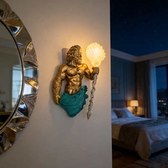 Art Deco Style Statue Wall Sconce, 1Pc, Golden Merman Sculpture With Conch Staff, Wall-Mounted Lighting Fixture For Home Decor, Living Room Bedroom Office Art Decor