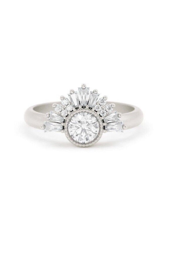 Art Deco Sunburst Beaded Bezel Set Ring 14K White Gold Over 2.1 Ct Diamond