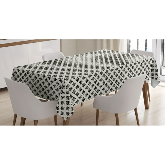 Art Deco Tablecloth, Vintage Inspired Simplistic Floral Monochrome Pattern Cool 70s Nostalgia, Rectangle Satin Table Cover for Dining Room and Kitchen, 52" X 70", Ivory Charcoal Grey, by Ambesonne