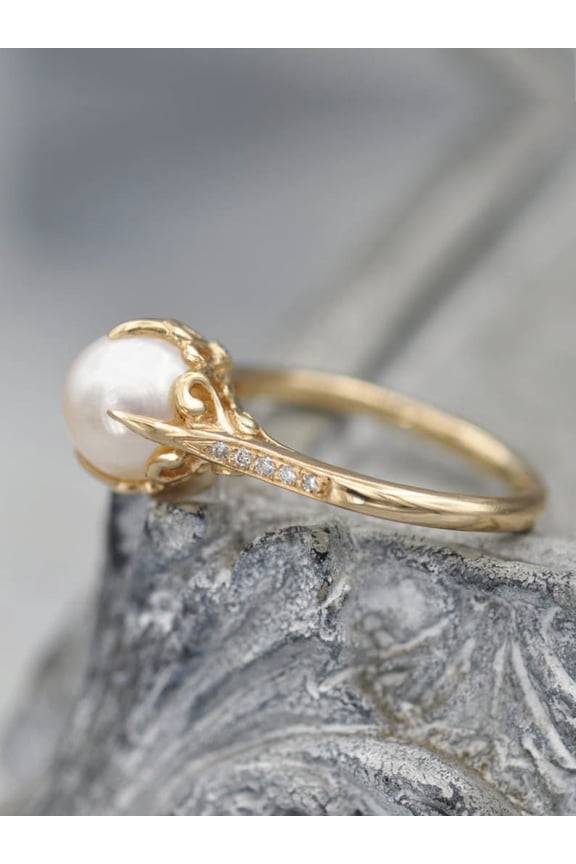Art Deco Thin Ring ,Pearl and Moissanite Ring In 18K Gold Yellow Gold Over Silver ,June Birthstone Handmade Solitaire Statement Women Ring , Bridal Ring