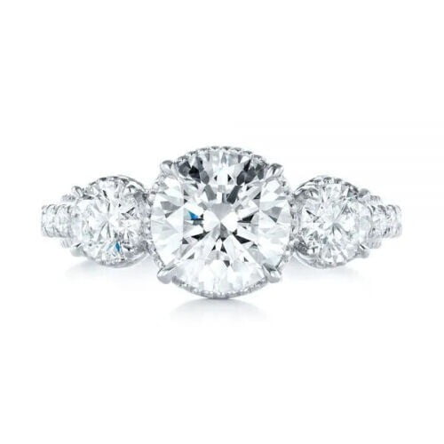 Art Deco Three Stone Diamond Ring, Solitaire With Accents Diamond Engagement Ring, Milgrain Shank Ring, Vintage Diamond Wedding Ring, 14K White Gold Plated, 2.4 Ct Simulated Diamond