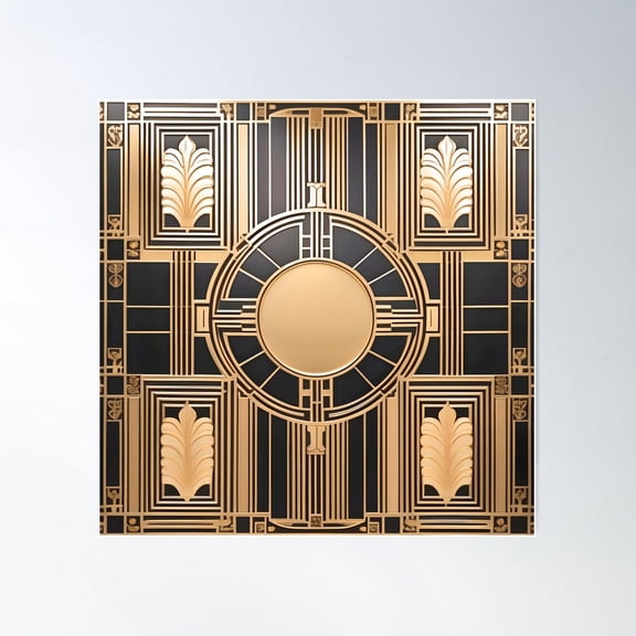 Art Deco Tile With A Golden Circle And Gold Leaves On Black Poster Wall Art, Modern Wall Decor For Living Room Bedroom, 24x24 UNFRAMED