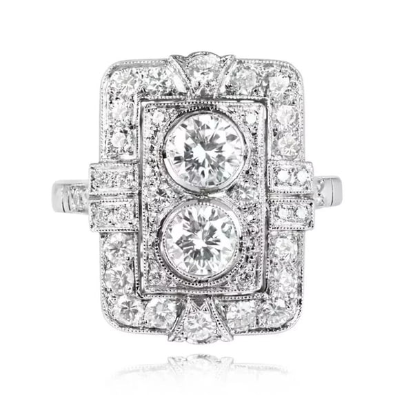 Art Deco Toi Moi Women's Anniversary Ring, Two Stone Halo Vintage Wedding Ring, 2.2 Ct Round Cut simulated Diamond, 14K White Gold Plated, Proposal Promise Engagement Ring For Her Special Ocassion