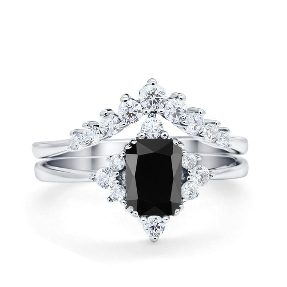 Art Deco Two Piece Ring Emerald Cut Black CZ 925 Sterling Silver Size 6