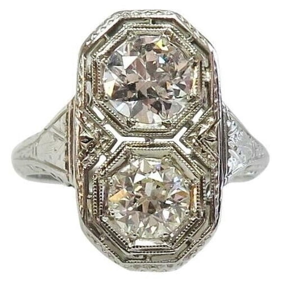 Art Deco Two Stone Diamond Engagement Ring, Antique Openwork Filigree Ring, Engraved Shank Ring, Vintage Statement Ring, Elongated Ring, 925 Sterling Silver, 2.0 Ct Simulated Diamond