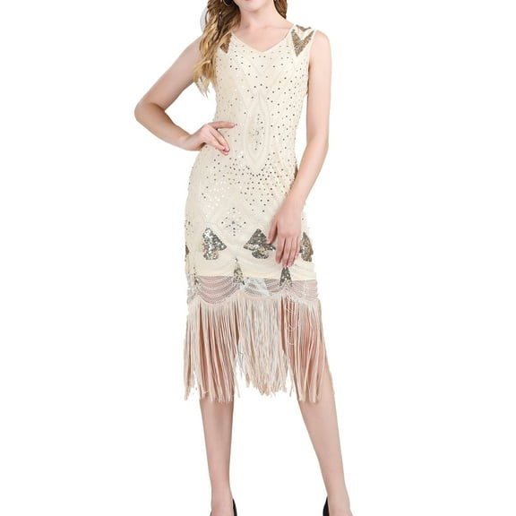 Art Deco V Neck Sleeveless Beaded Tassel Hem Midi Roaring 20S Flapper Dress Prom