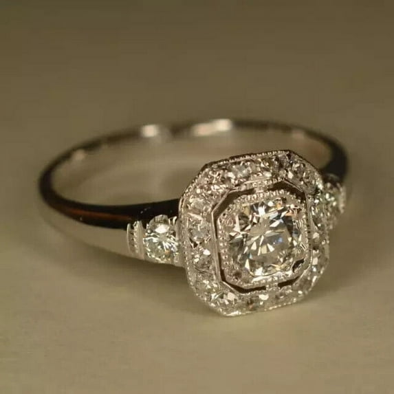 Art Deco Vintage 2.5Ct Simulated Diamond Engagement Ring 14K White Gold Plated Round Cut Pure 925 Sterling Silver
