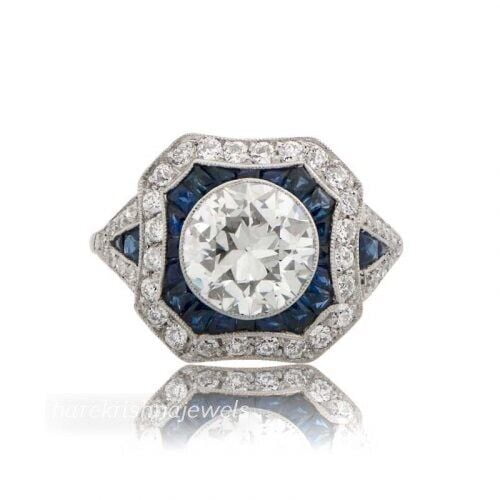 Art Deco Vintage Halo Engagement Ring For Women's Gift 1.8 Ct Diamond 14K White Gold Over